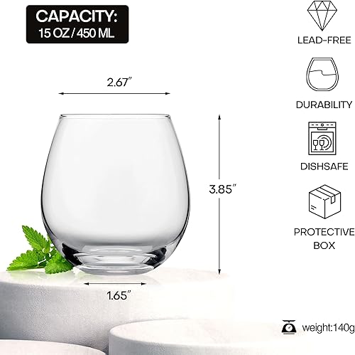 Miniatura 3 de Juego de 4 copas de vino sin tallo, copas de vino rojo y blanco de 15 onzas para uso diario, boda, cumpleaños, regalo de inauguración de la casa,