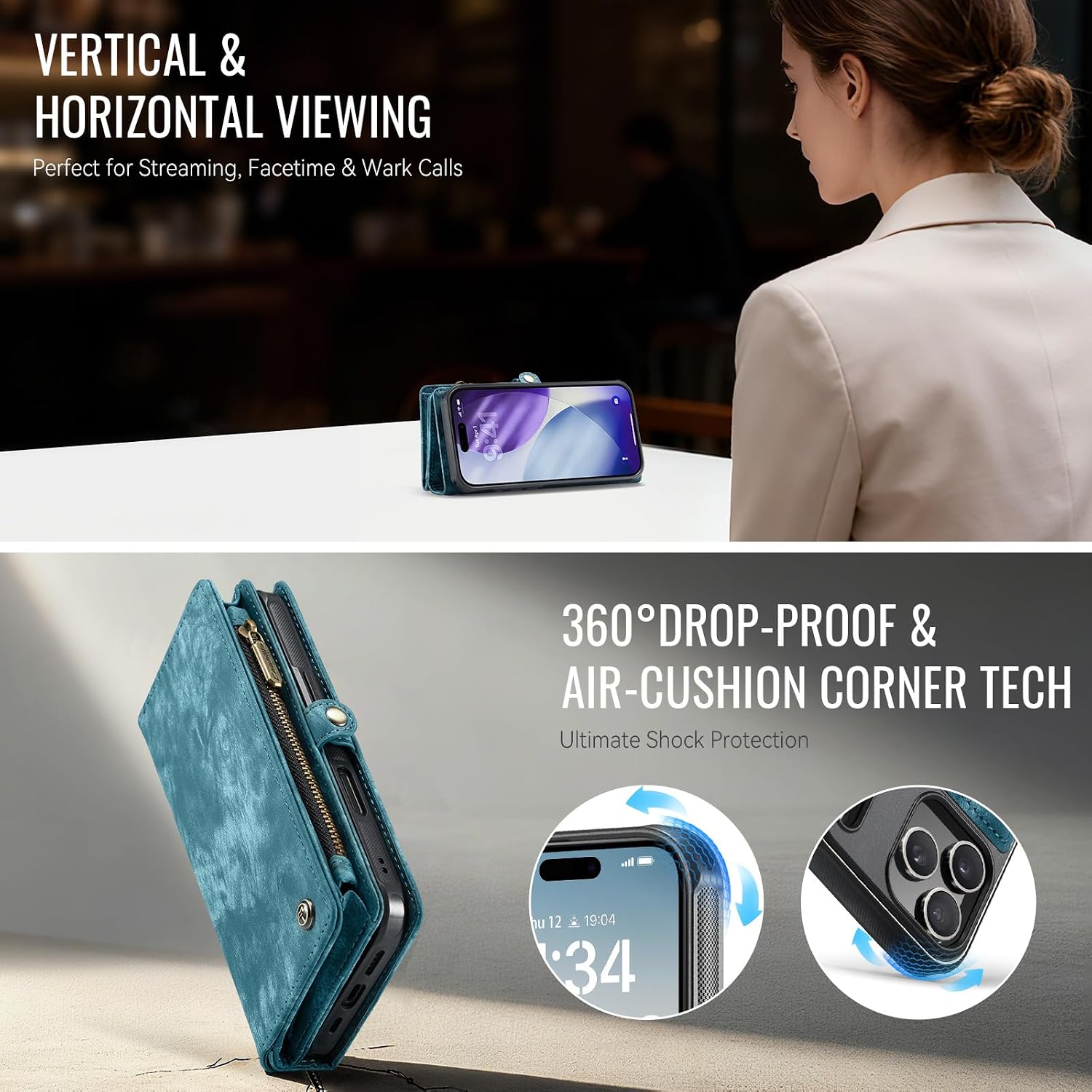 for iPhone 17 Pro Wallet Case with 8 Card Slots Magnetic Closure Zipper Pocket Pouch Flip, Detachable Magnetic 2 in 1 Design, Premium Leather PU with Lanyard Strap Wristlet - Blue