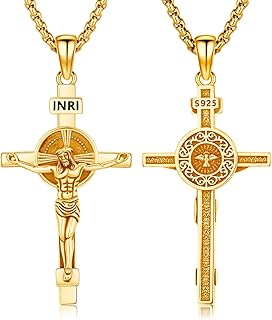 Crucifix Cross Necklace for Men Women, 925 Sterling Silver Catholic Jesus Cross Christian Jewelry Protection Amulet Pendant Necklace