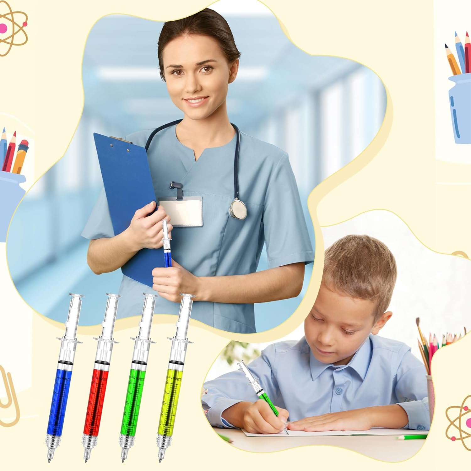 Tobeelec 100 Pcs Syringe Retractable Nurse Pens Novelty Fun Multi Colors Medical Blood Ballpoint Pens Gifts for Nursing Student School Supplies Birthdays Doctor Pretend Party Favors (Classic Style)