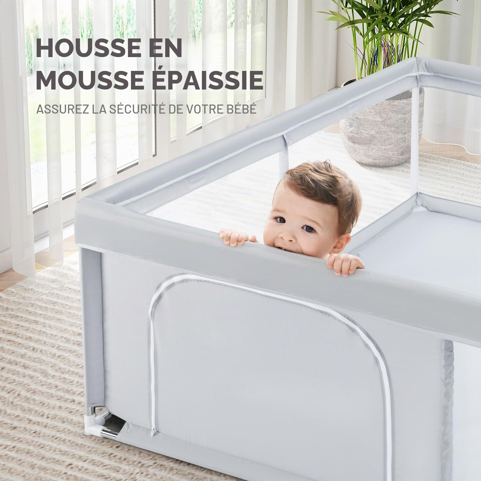 BEJOY Grand Parc pour Bébé, XXL 180x200cm Compact et Solide, Protection en Mousse, Parc de Jeu de Sécurité Antidérapant avec Porte à Fermeture Éclair Ronde en Maille Respirante Centre D'activités