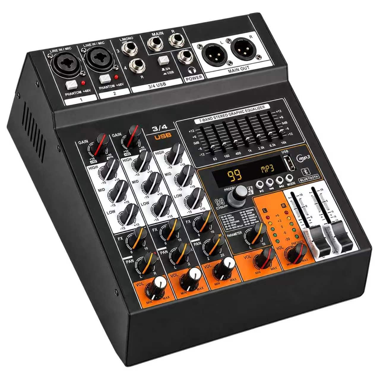 4-Kanal 250W Audio Mischpult mit 99 DSP,48V Phantomspeisung,Dual EQ,USB SD Player,TRS Ausgang für Live Karaoke Aufnahmen
