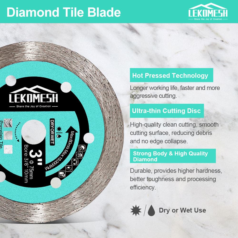 3Inch Diamond Saw Blades - 3pcs Diamond Tile Blade 3Inch, Tile Continuous Rim Diamond Blade with 3/8 Inch Arbor for Cutting Ceramic Porcelain Tile,Marble,Granite,Quartz,Artificial Stone