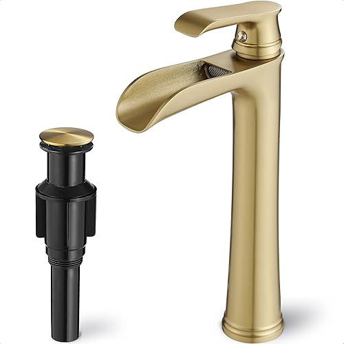 Grifo para fregadero de recipiente, grifo de baño alto de latón en cascada, 1 manija, grifos dorados para mueble de baño, 1 agujero con drenaje