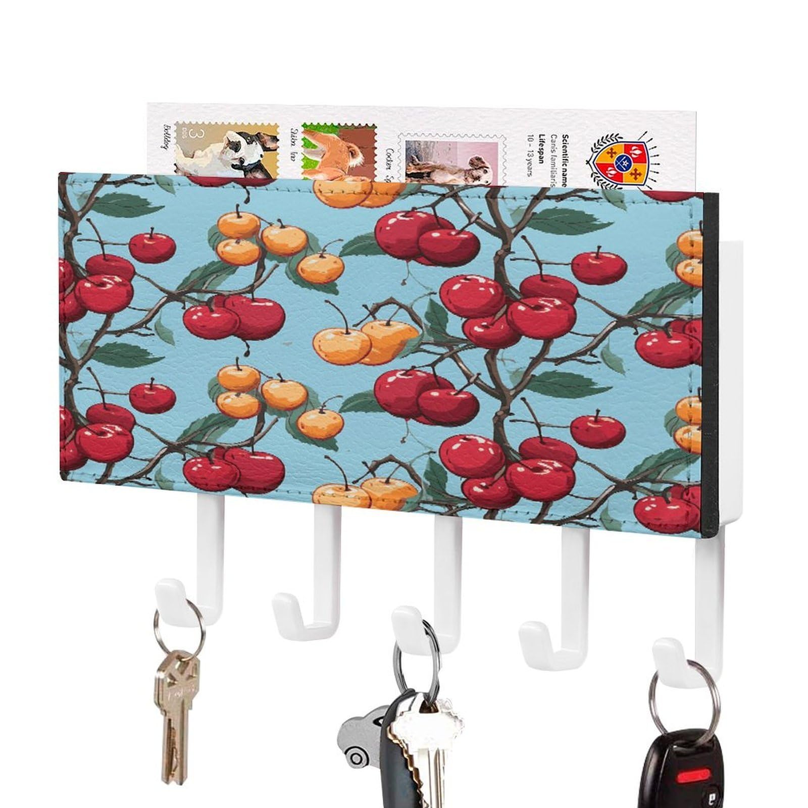 FekiLoot Cherry Pattern Key Holder Wall Mount Key Hooks for Wall Decorative with 5 Hooks PU Mail Rack Organizer with Shelf for Entryway Mudroom Hallway Office 7.1X4.3 in