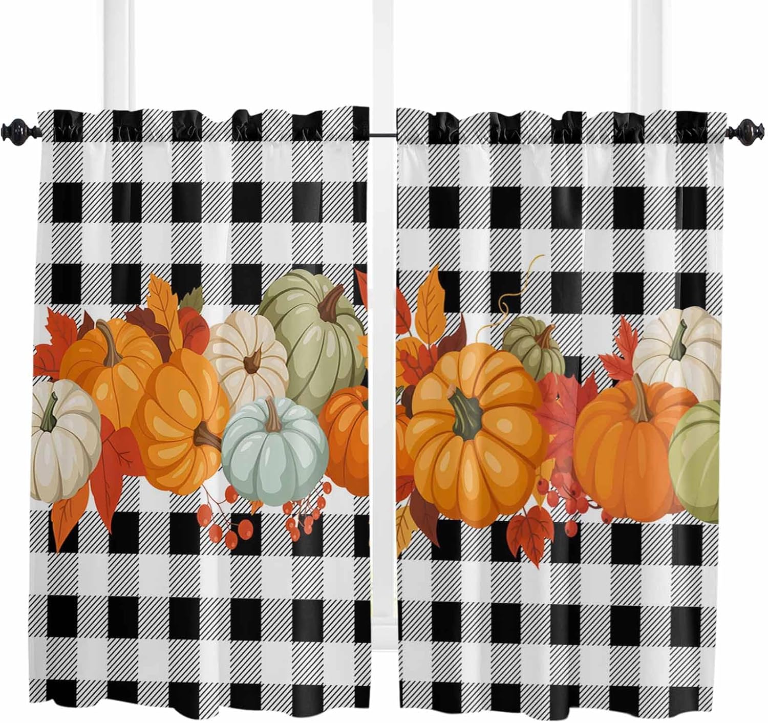 Fall Pumpkins Kitchen Curtains, Thanksgiving Maple Autumn Leaf Farmhouse Plaid Light Filtering Window Curtain, 2Pcs Rod Pocket Window Treatments Set for Living Room Bathroom Bedroom 52x72 Inches