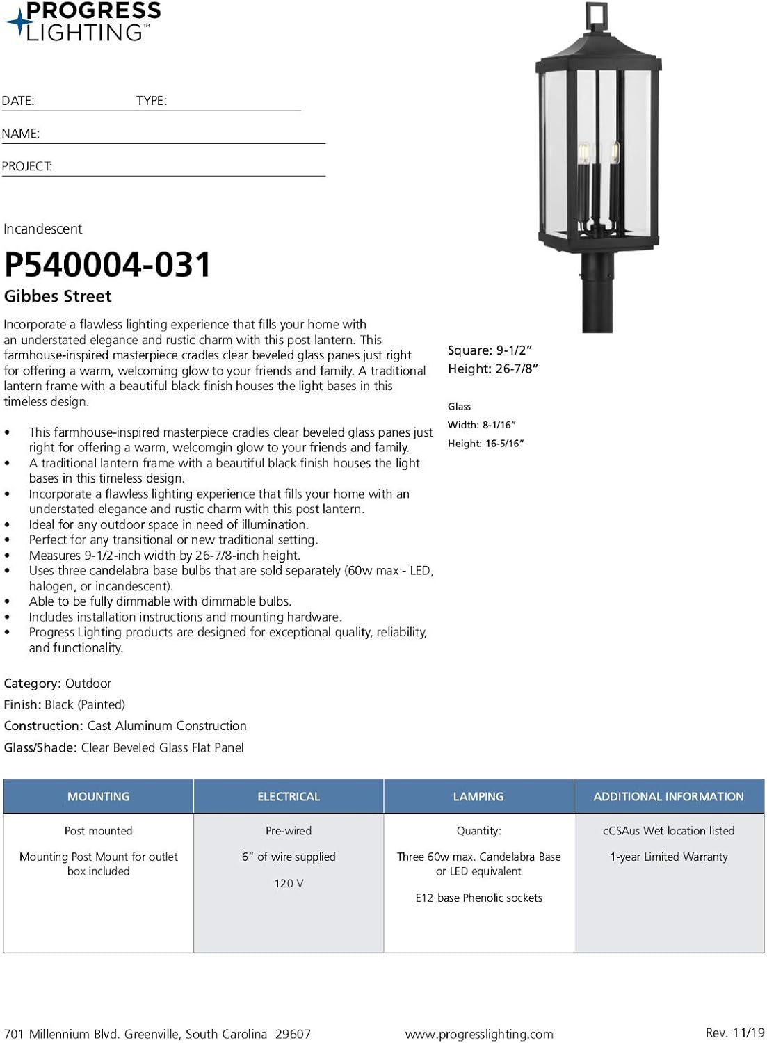 Progress Lighting Gibbes Street Collection 3-Light Clear Beveled Glass New Traditional Outdoor Post Lantern Light Textured Black,26.88x9.50x9.50