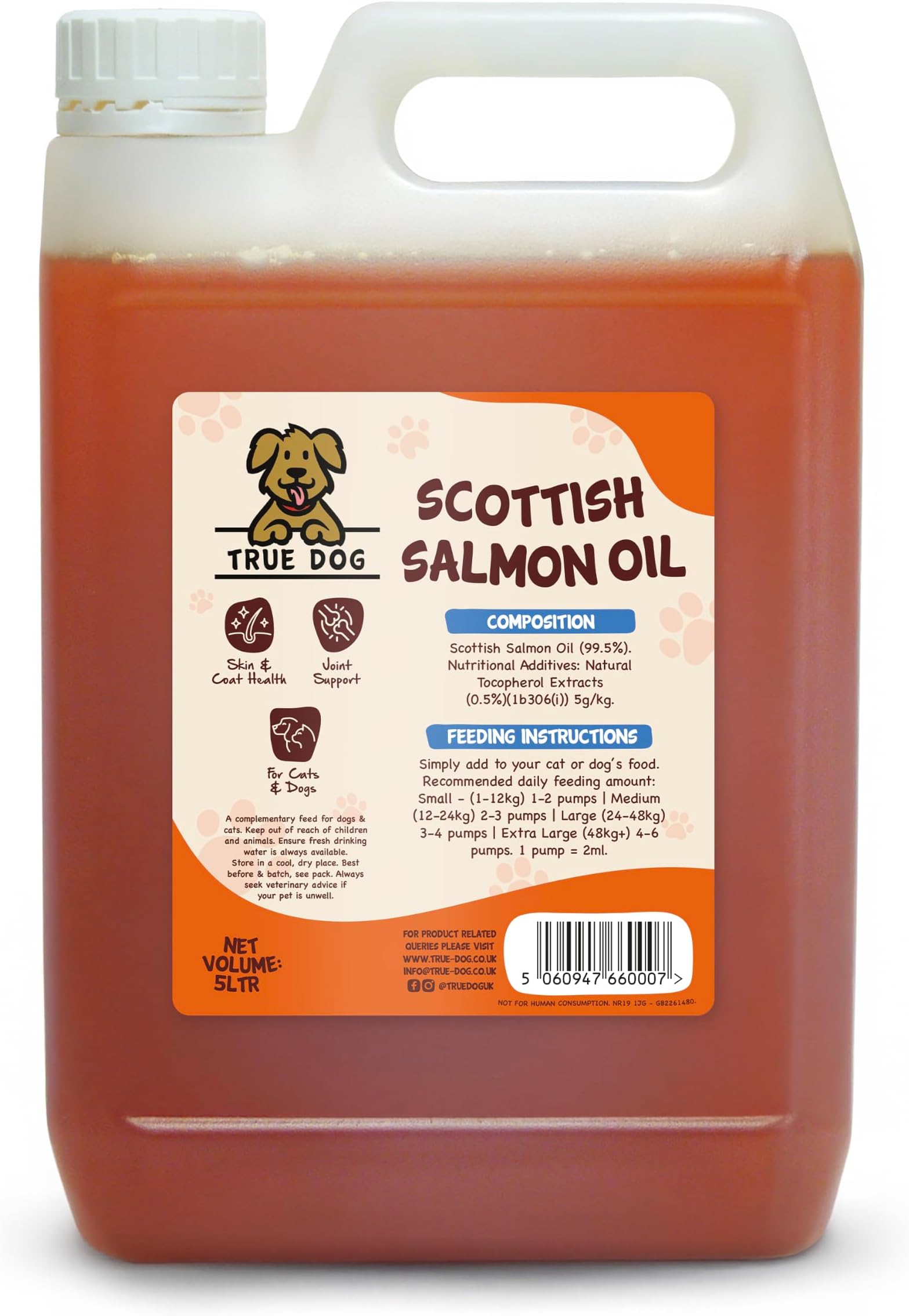True Dog 100% Pure Scottish Salmon Oil 5ltr | Salmon Oil for Dogs & Cats, Omega 3, 6 & 9, Skin and Coat Health, Joint & Mobility Support