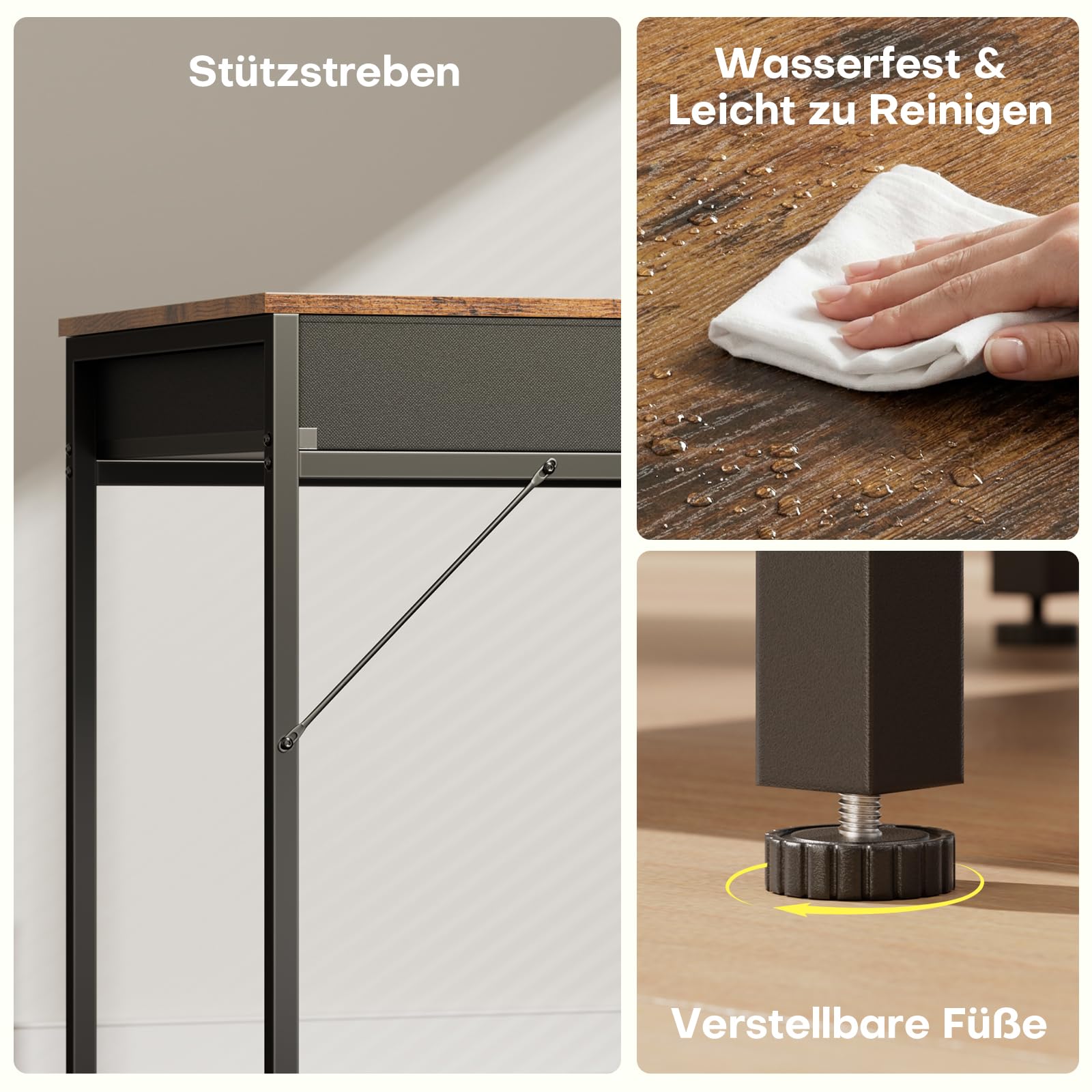 HLONONE Schreibtisch mit 6 Stoff Schubladen, 120cm Reversibler | Computertisch mit Stauraum, Modern PC Tisch für Office Wohnzimmer und Arbeitszimmer, Vintagebraun