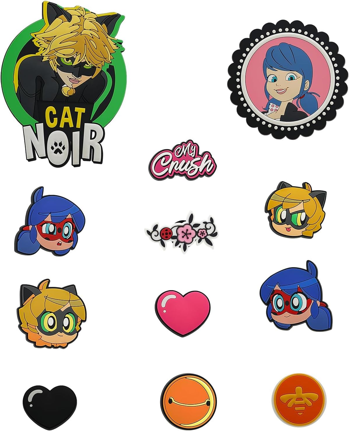 Miraculous Ladybug - Pop n' Swop 12 Assorted Ladybug and Cat Noir Badges, Regular and XXL Clip-on Badges, compatible with Pop n' Swop Purses, Shoulder Bag and Backpacks (Wyncor)