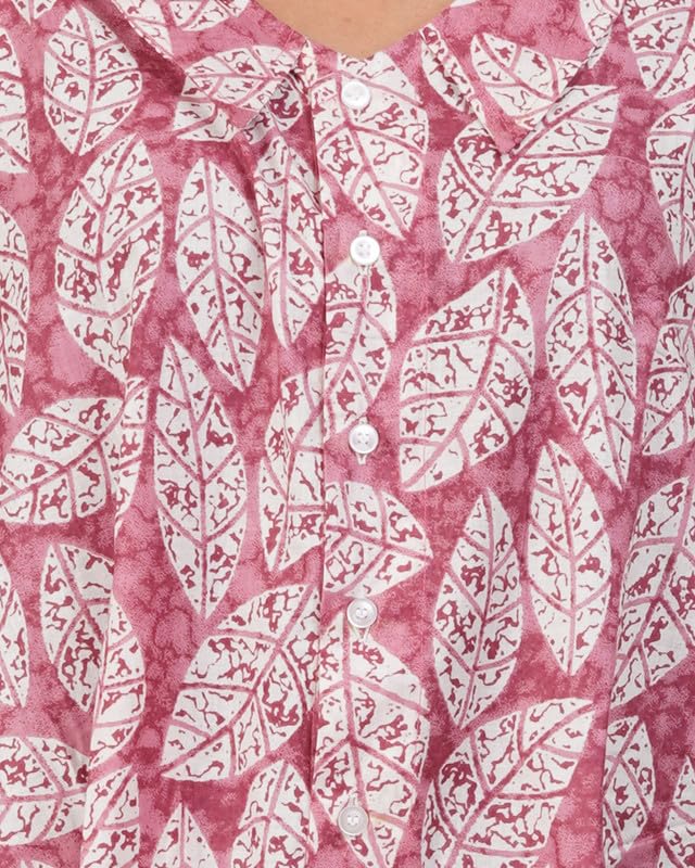 Image of MENMAII Women's Cotton Designer Dress|Fits up to 3XL| Front Open Button Down | Asymmetrical Hem | Chelsea Collar | Drop Shoulder | Flowy Loose Fit | Knee Length | Free Size [Pink Leaf]