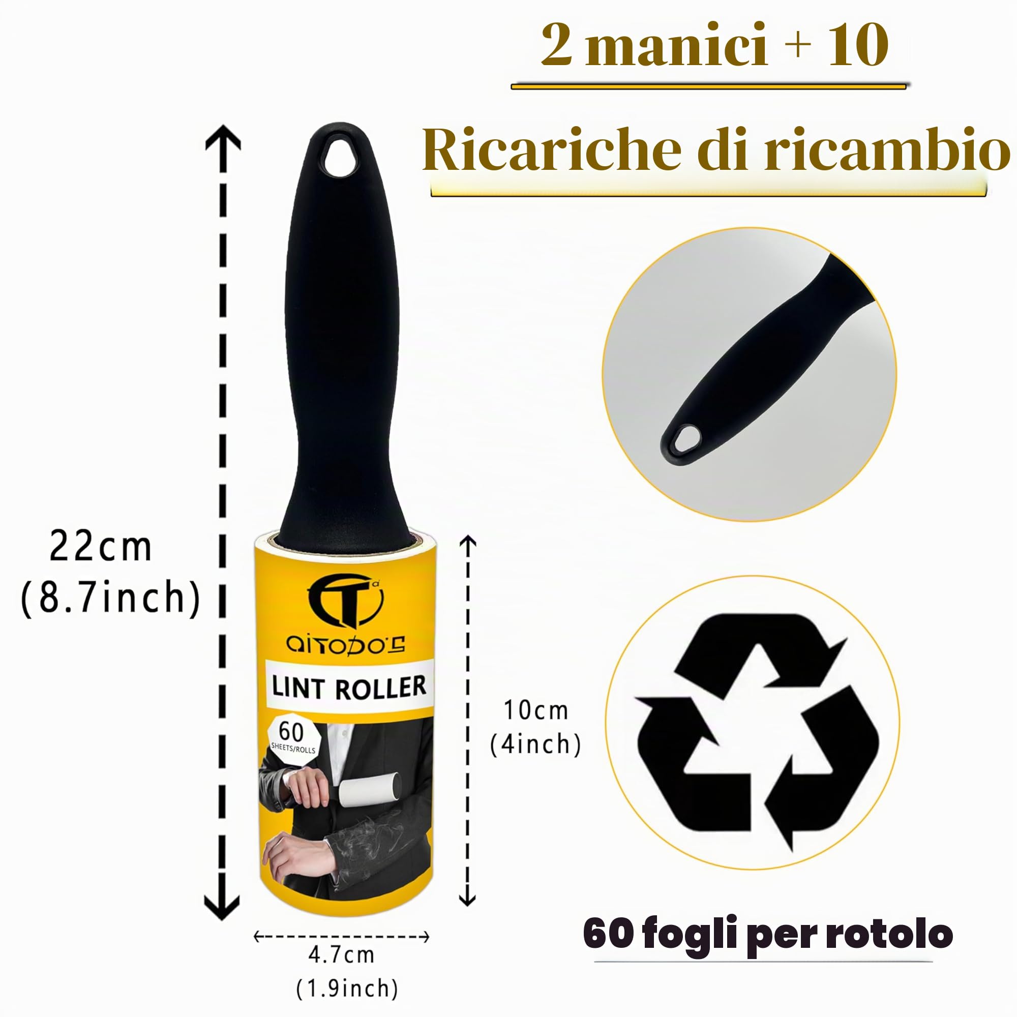 AiTodos® 1200 Rullo Adesivo Peli - 20 Rotoli + 4 Manico Rullo Levapelucchi, Per Rimuovere i Peli da Vestiti, Divani, Peli di Gatto, Peli di Cane e Tappeti (60 Fogli/Rotoli), Rullo peli Animali