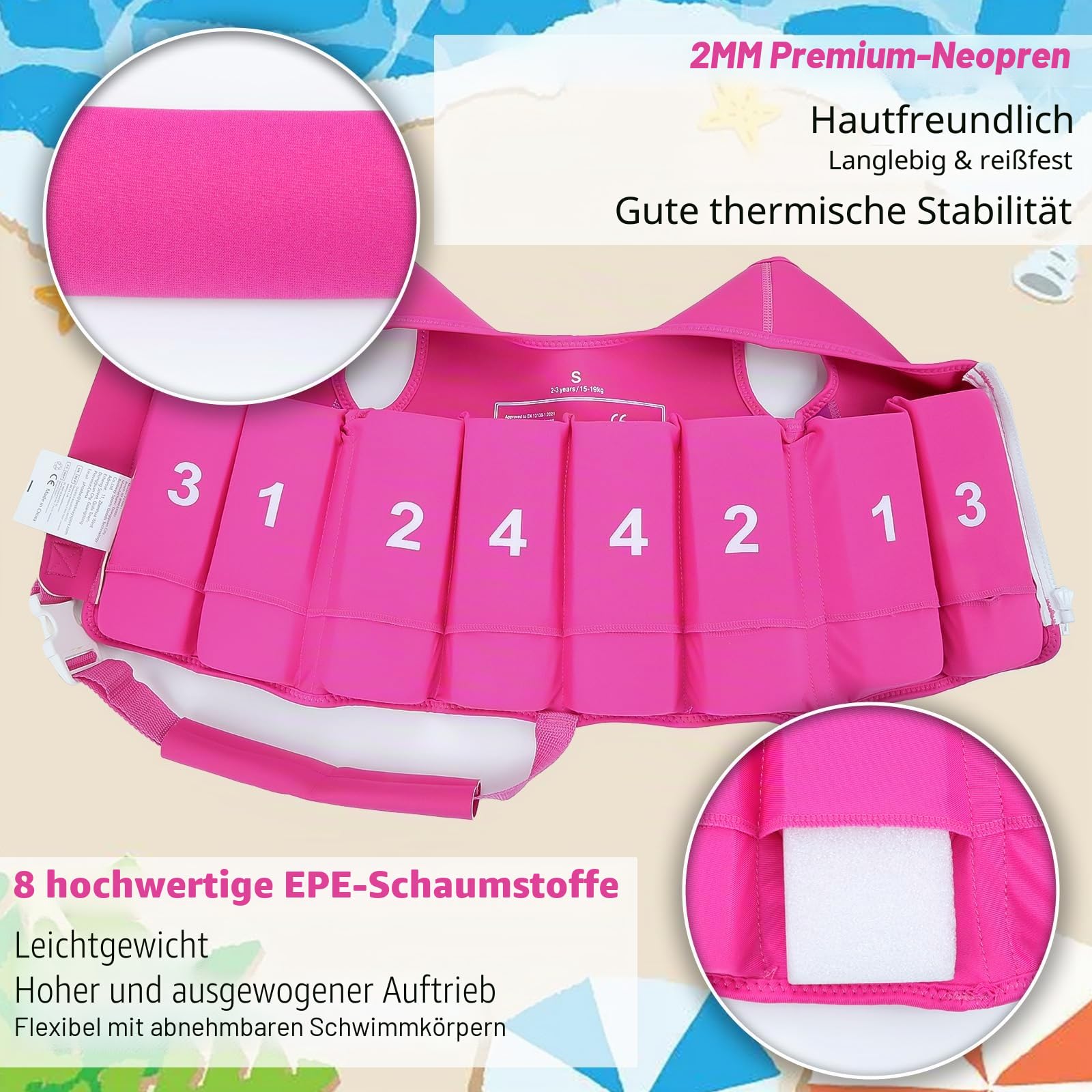 Schwimmweste Kinder, Schwimmhilfe Schwimmen Jacket mit 8 Herausnehmbaren EPE-Blöcken, Verstellbarem Schrittgurt & Sicherheitsverschluss für Jungen und Mädchen 2-6 Jahre/15-30KG