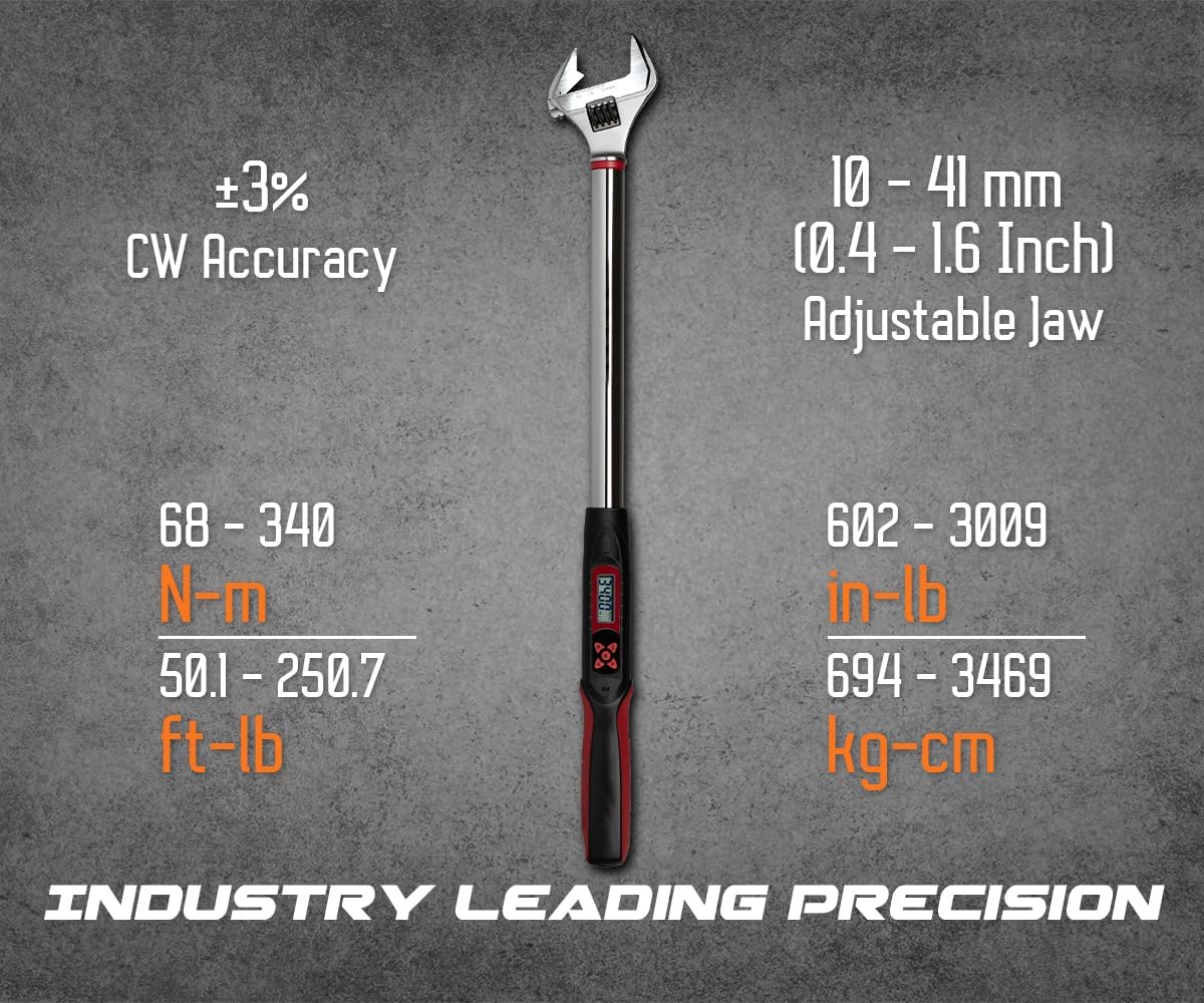 Tapha Tools Adjustable Digital Torque Wrench 12.5-250.7 ft-lbs (17-340 N-m) Torque Range, 10-41 mm Adjustable Jaw, LED and Buzzer Notification, Preset Memory, ISO 6789 Tested and Calibrated