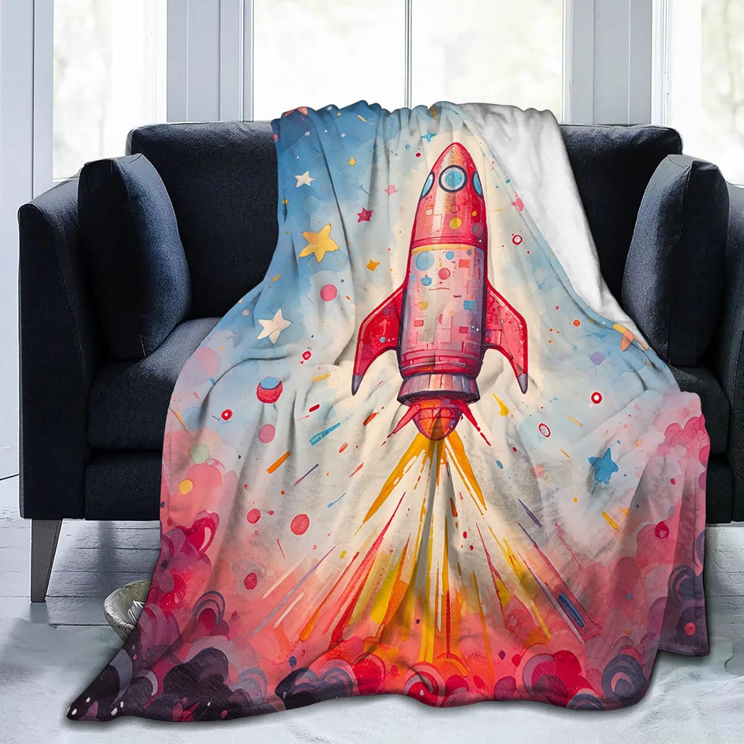 SARA NELL Space Blanket for Kids, Cool Rocket with Magic Stars Fleece Flannel Blanket, Soft Plush Space Gifts for Boys Girls, Boy Novelty Birthday Ideas, Space Theme,60"x50"