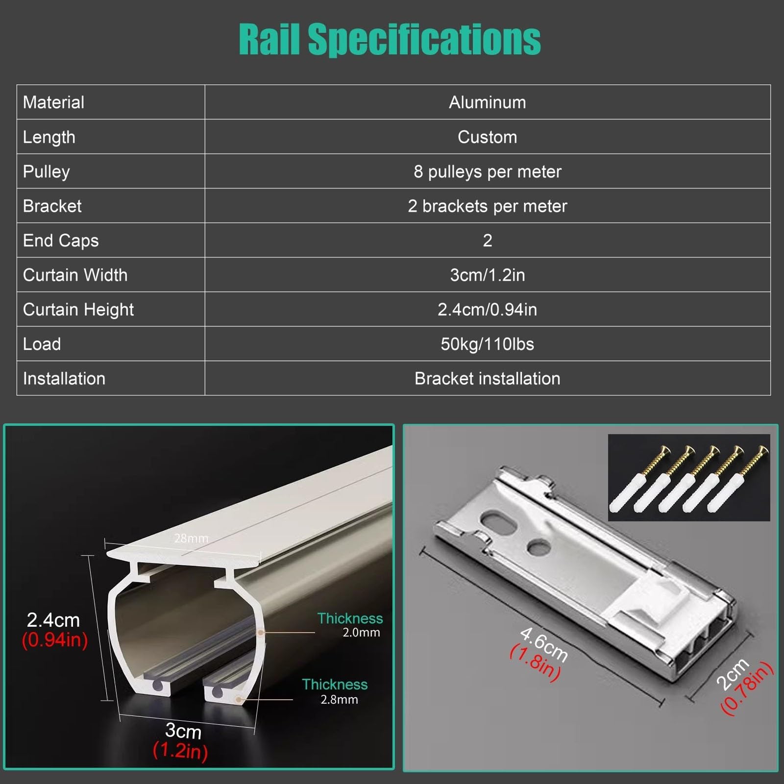 HeavyDuty czarny system karniszy do montażu ściennego/sufitowego trwały aluminiowy karnisz zestaw do sypialni balkonu kampera do użytku na zewnątrz dostępny w rozmiarach 9 cm