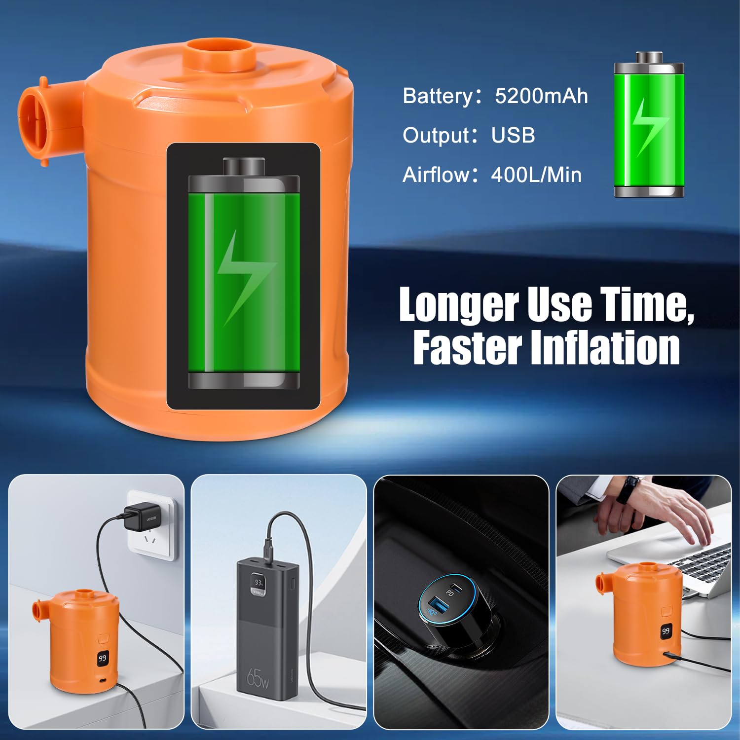 Pompa Elettrica,5200mAh Pompa Elettrica per Materasso Gonfiabile può essere rapida per Gonfiare e Sgonfiare,con 4 Ugelli D'aria,Adatto per Materasso Gonfiabile, Materassino Campeggio,Piscina