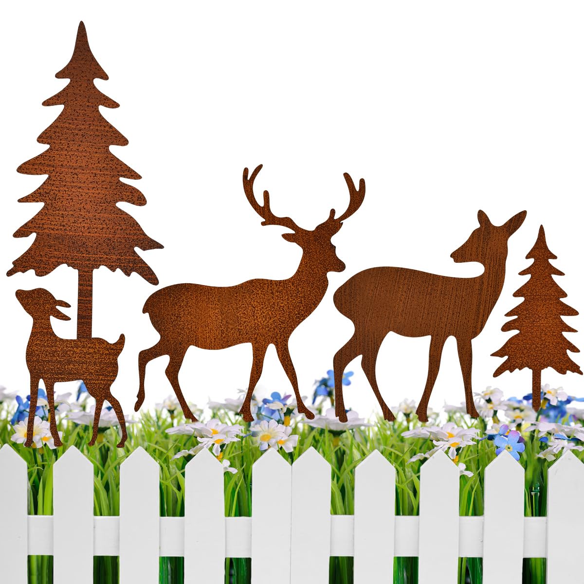 5 Pièces Piquets Jardin Métal Rouillé - 2 Sapins + 3 Cerfs - Décoration Extérieur Noël