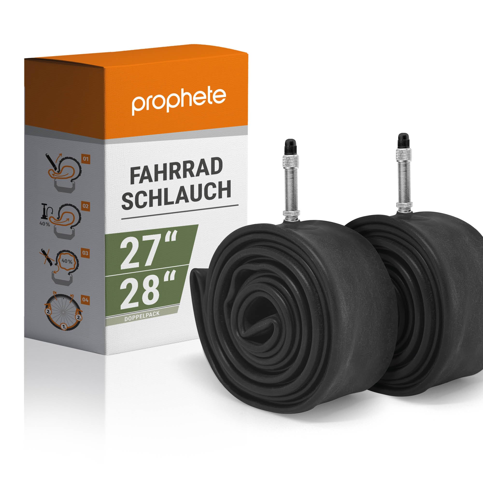 Prophete Fahrradschlauch 28/27 Zoll | 2 Stück | Dunlopventil | ETRTO 28-630, 32-630, 28-622, 30-622, 32-622, 33-622, 35-622, 37-622, 40-622, 42-622 | geeignet von 27 x 1,125 Zoll bis 28 x 1,6 Zoll