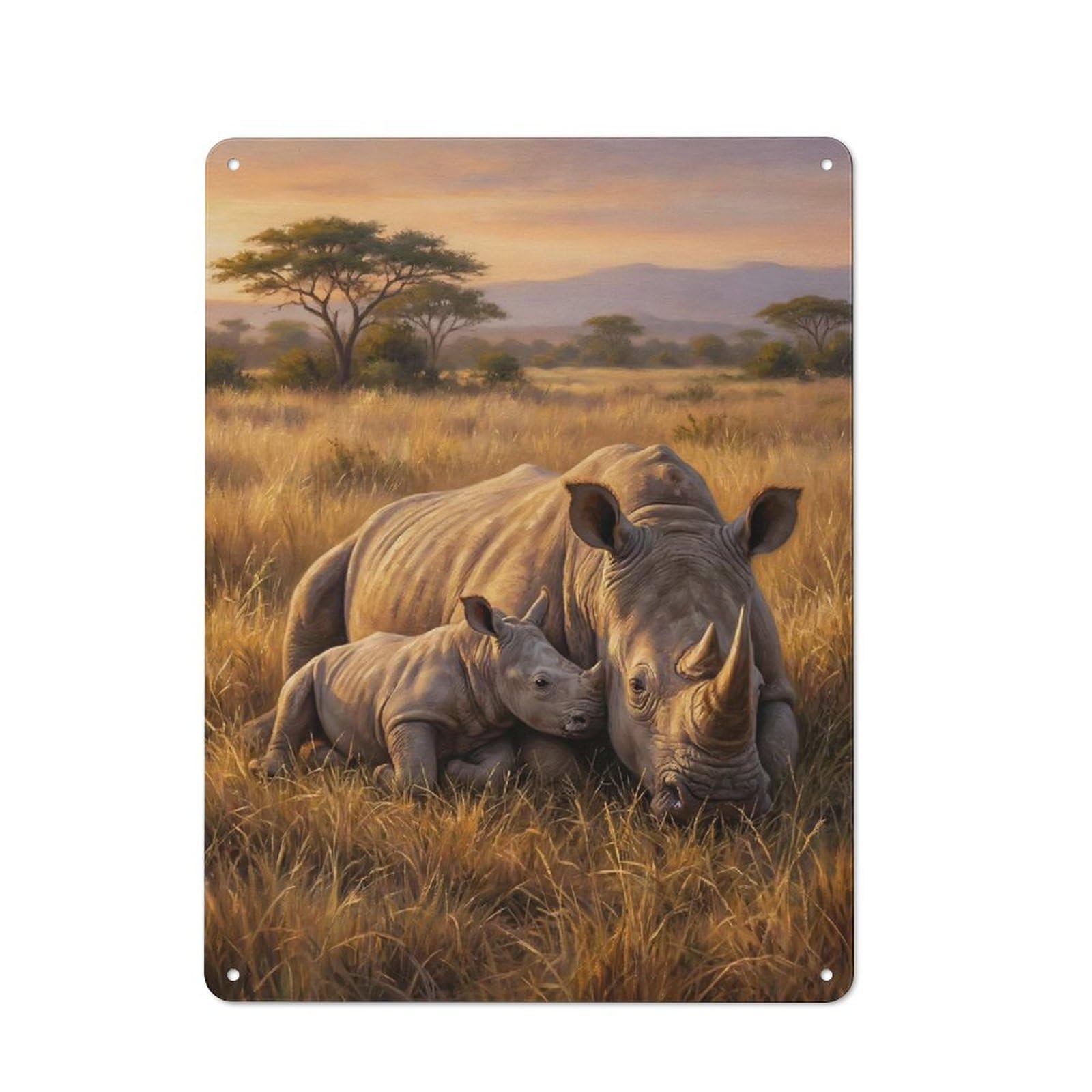 Junmoney Style-16 Loft Style Metal Wall Art Sign 40X30cm Featuring Rhino Mother And Calf In Savannah, Urban Room Decor For Loft, Studio, Office Or Creative Room