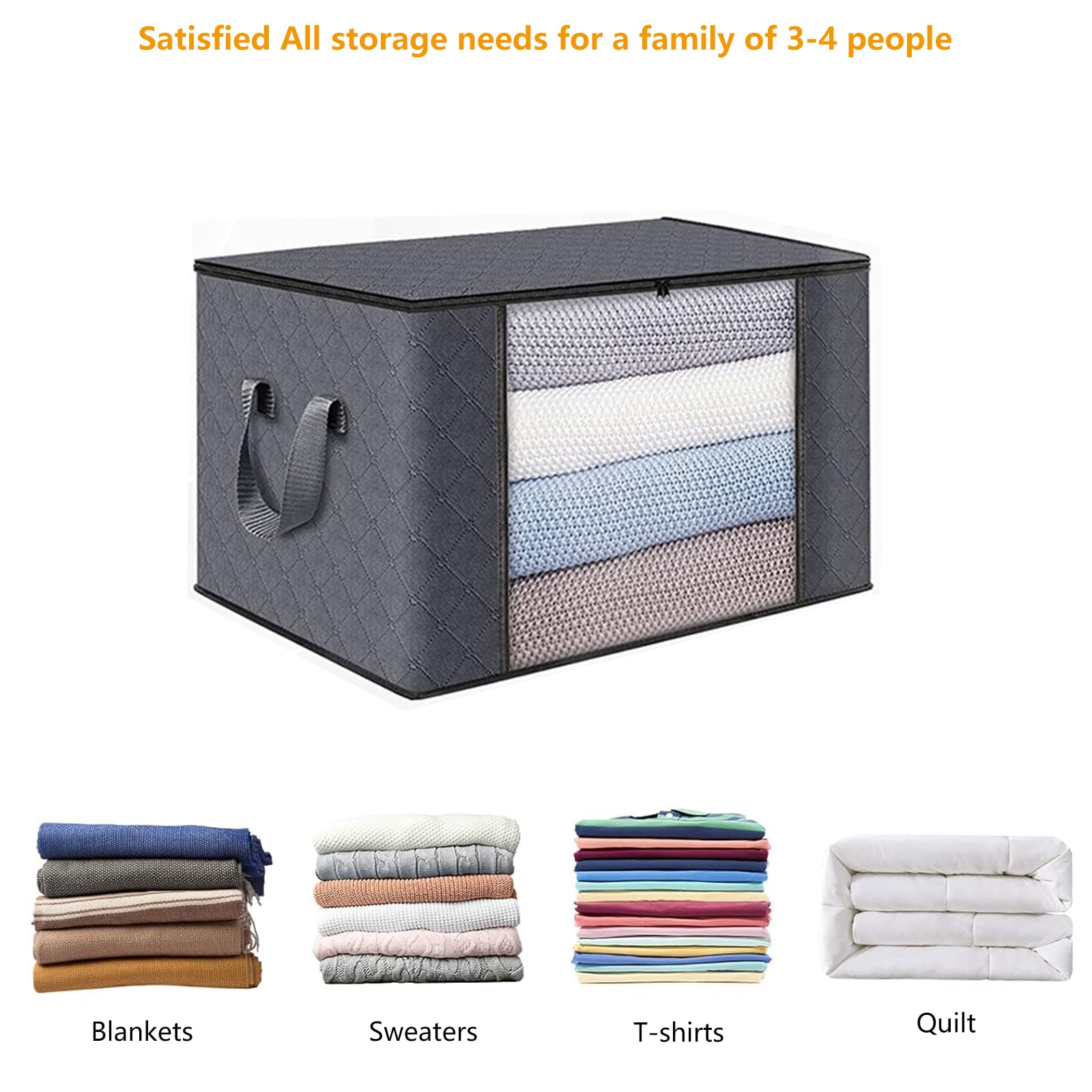 GUZHAIREN 3 Pack 90L Storage Bags, Large Capacity, 3 Sided Zip Top Lid, Practical for Storing Clothes, Toys & Duvet. Dust/Mites Proof, Ideal for House Moving. (Grey, 60 x 43 x 35 cm) - Image 3