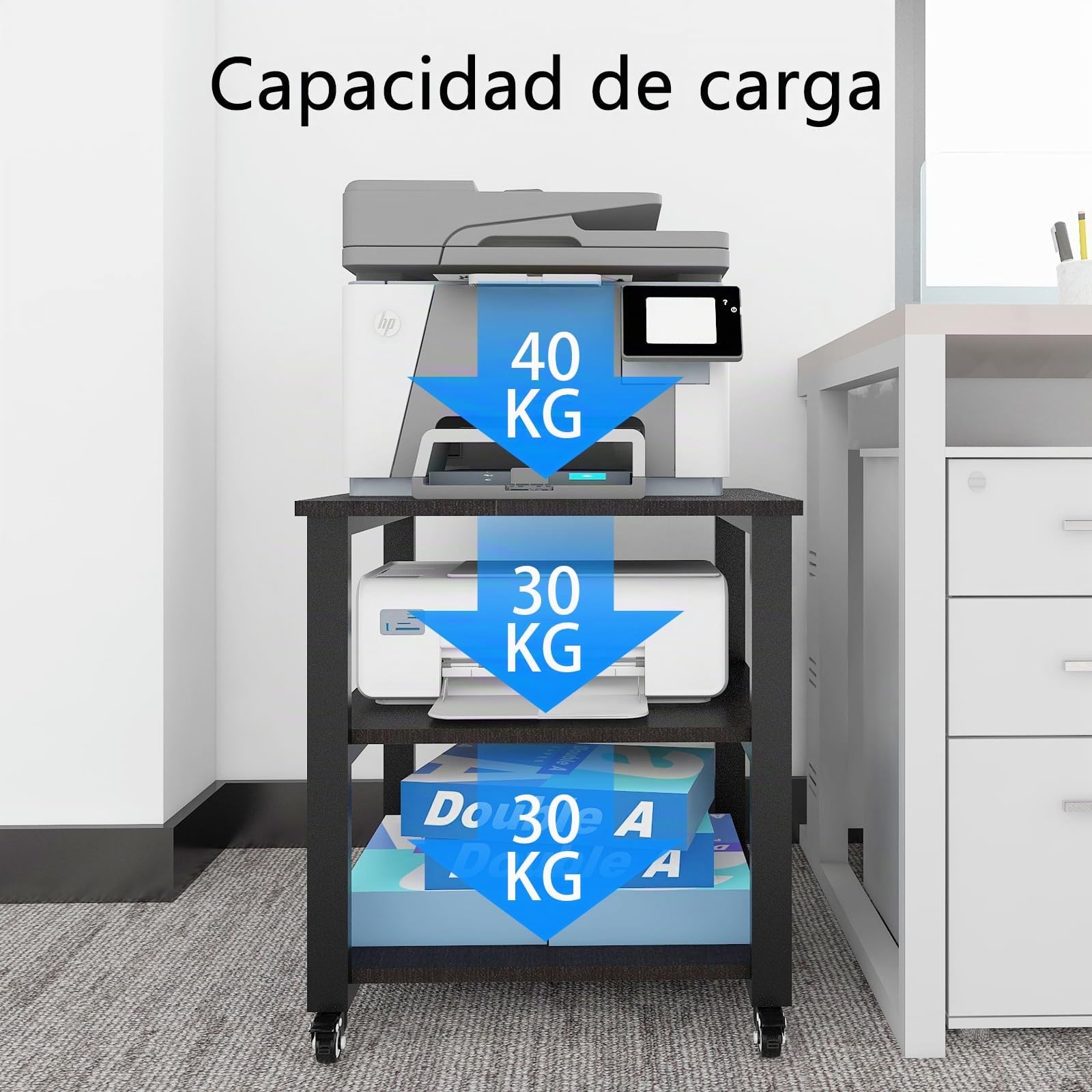 PUNCIA 50 x 50 x 51 cm Soporte para Impresora Estante de 3 Niveles con Ruedas Universales Mueble Móvil Oficina para Impresora de Madera y Metal Carro de Almacenaje para Despacho Escuela Estudio Negro