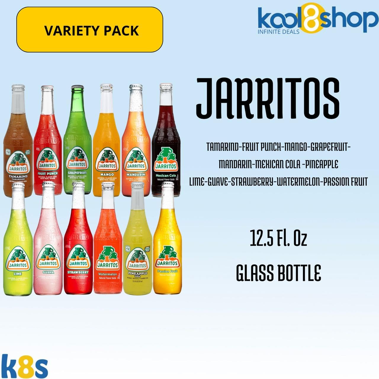 Jarritos Variety Pack Mexican Soft Soda Drink 12 fl oz Glass Bottles 12 Pack + 15 Sugarcane Disposable Straws by KOOL8SHOP Infinite Deals
