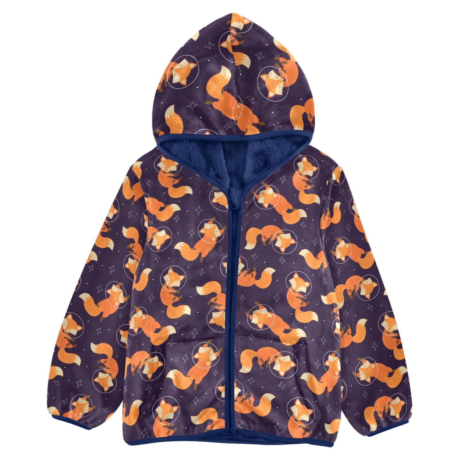 JHKKU Boys Warm Outerwear Zip Up Hoodie Cute Space Foxes Coat Cardigan Soft Fuzzy Fleece Jacket with Pocket