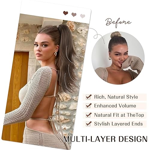 Miniatura 3 de Lommel Extensión de cola de caballo con clip, color marrón oscuro, extensiones de cabello largo y rizado, extensiones de cabello sintético de 22