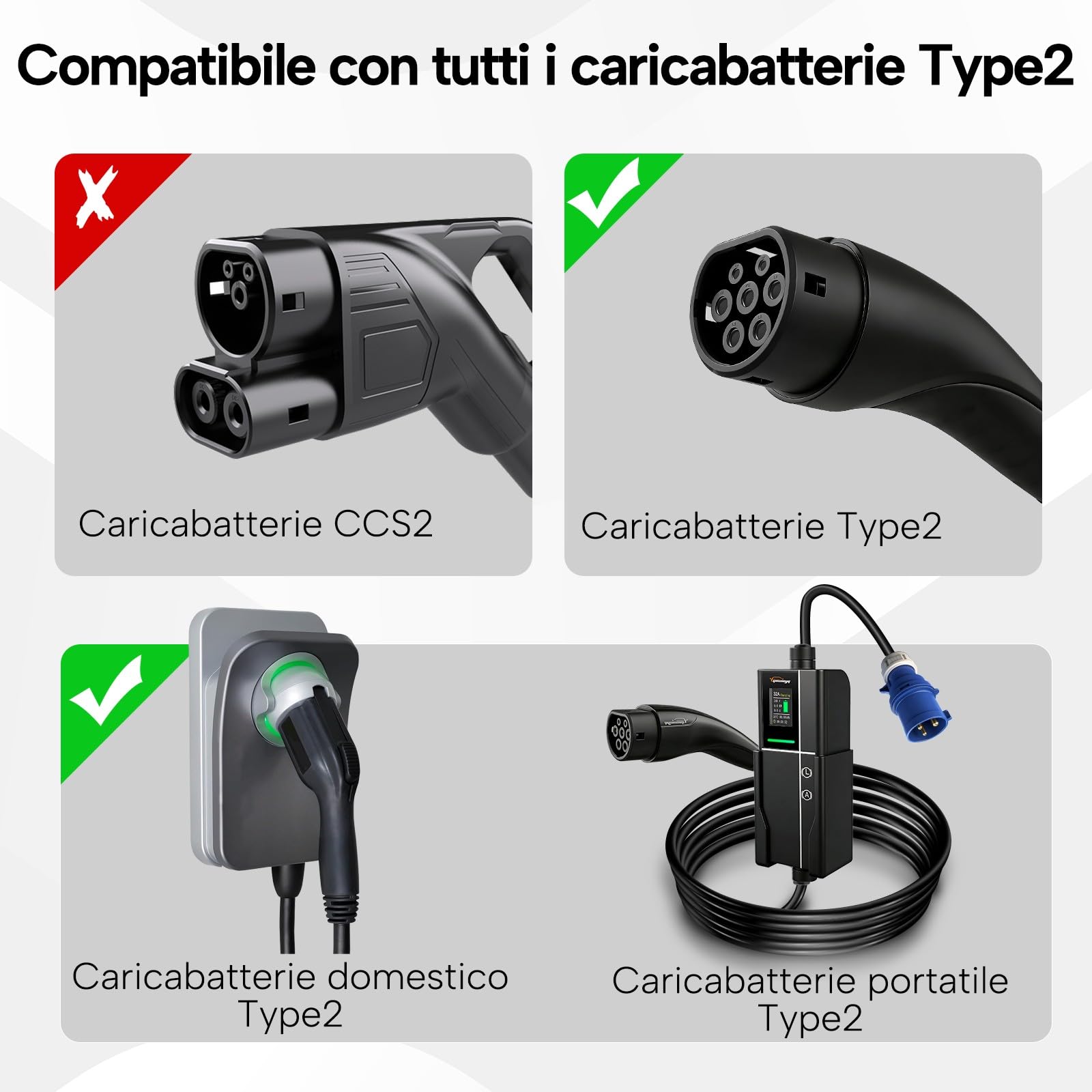 Cavo Prolunga per Veicoli Elettrici Tipo 2, 7kW/32A/Monofase/7m | per Veicoli Elettrici IEC 62196, Borsa per il Trasporto, impermeabile IP54