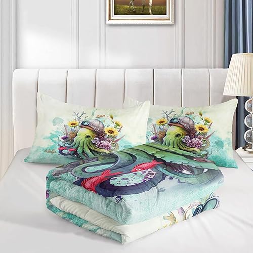 Miniatura 4 de CVHOUSE Juego de edredón de pulpo, tamaño individual, juego de ropa de cama de pulpo para niños, juego de edredón de 3 piezas, color océano