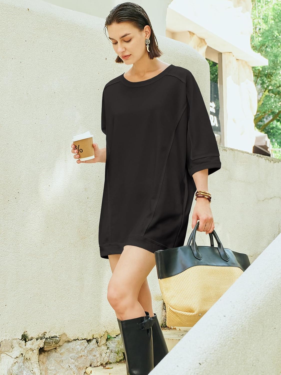 Nirovien Women's Oversized Sweatshirt Dress 3/4 Sleeve Crewneck Tunic Sweatshirts Casual Long Pullover with Pockets - Image 6