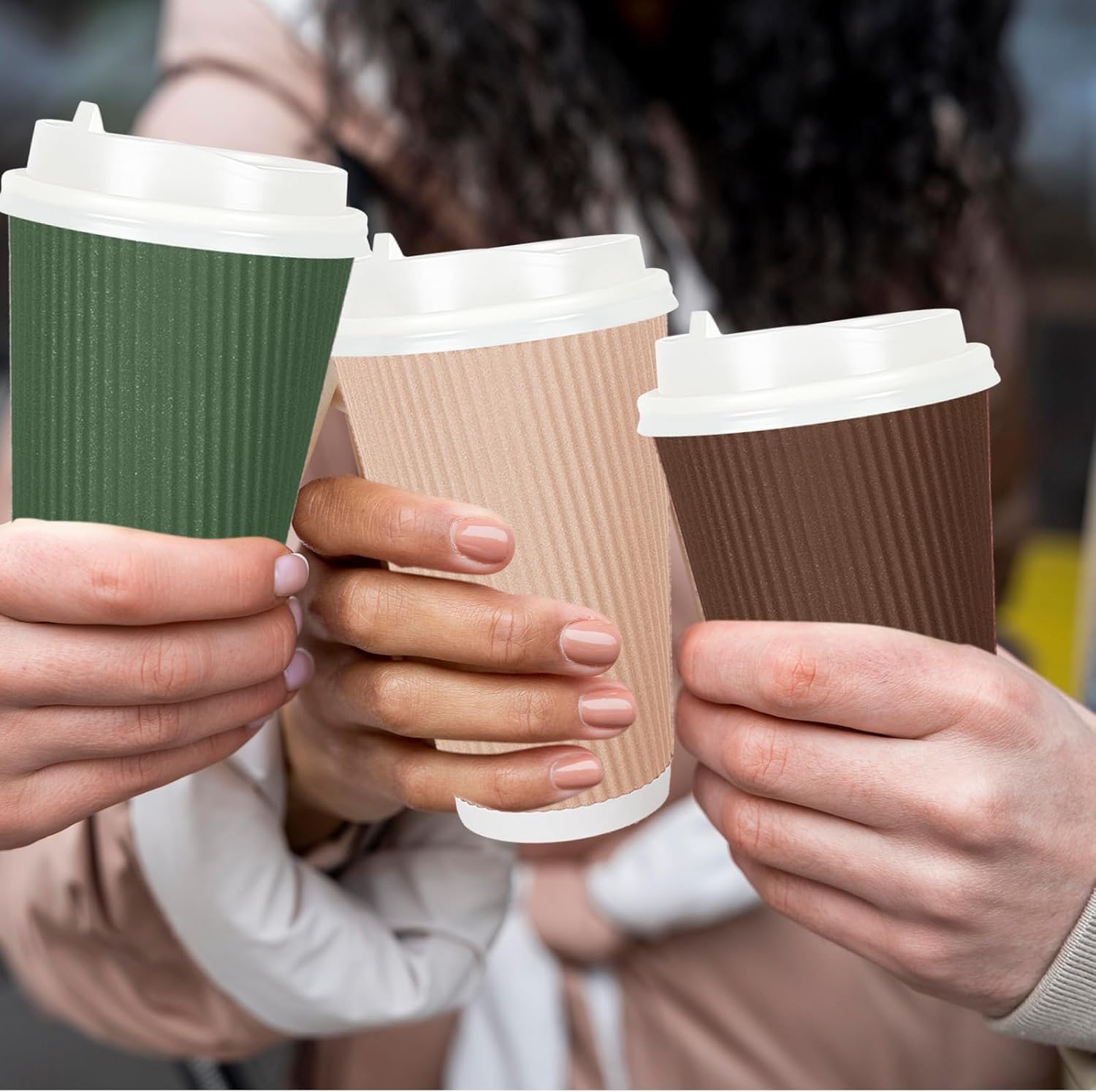 Whaline 100Pcs Woodland Themed Disposable Coffee Cups with Lids 16oz Brown Green Paper Cup Corrugated Ripple Wall Insulated Hot Cup for Home Office Party Supplies