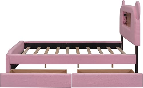 Miniatura 6 de CITYLIGHT Cama de plataforma tapizada de tamaño matrimonial con luces LED y puertos USB, marco de cama matrimonial de madera con cabecera de orejas