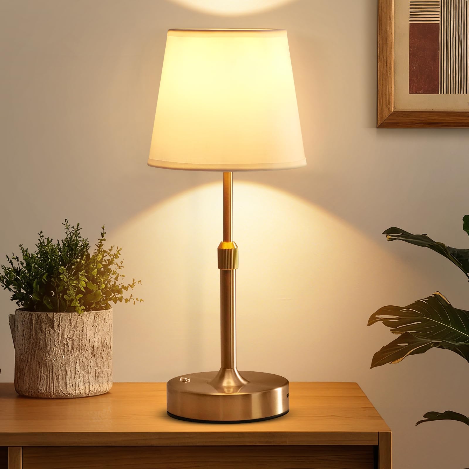 Lampada da comodino ricaricabile, lampada da tavolo dimmerabile a batteria, 6000 mAh, lampade da comodino wireless con paralume in tessuto, luci dorate portatili con controllo touch per camera