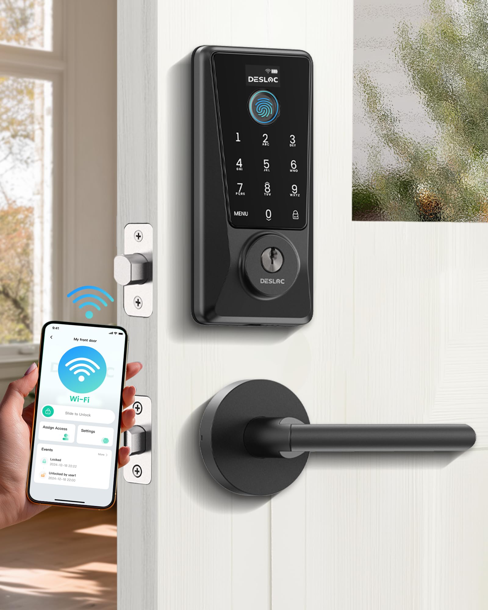 DESLOC Fingerprint Smart Lock with Lever Handles, Built-in WiFi,App Remote