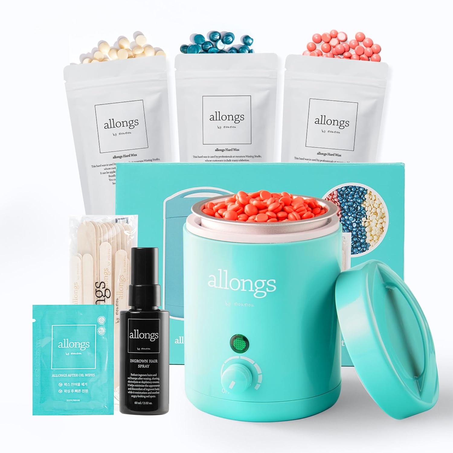 Allongs Self Wax Kit, at home Waxing Kit for Women & Men – Pot Wax Warmer, 3 Types of Wax Beads 0.22lbs, 20pcs Spatula, 10 Sheets Oil Wipes & Ingrown Spray 2.02oz