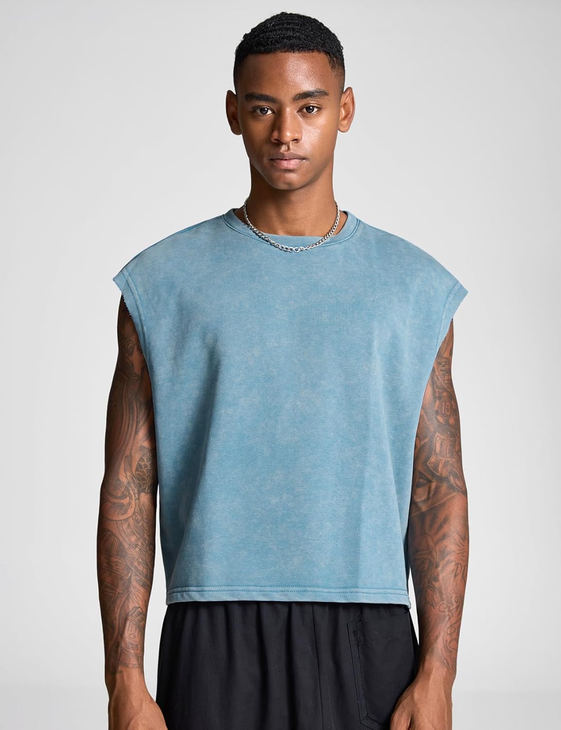 Wyeysyt 2 Pack Men's Crop T Shirts Dolman Sleeve Acid Wash Tank Tops Vintage Loose Pullover Tops - Image 2