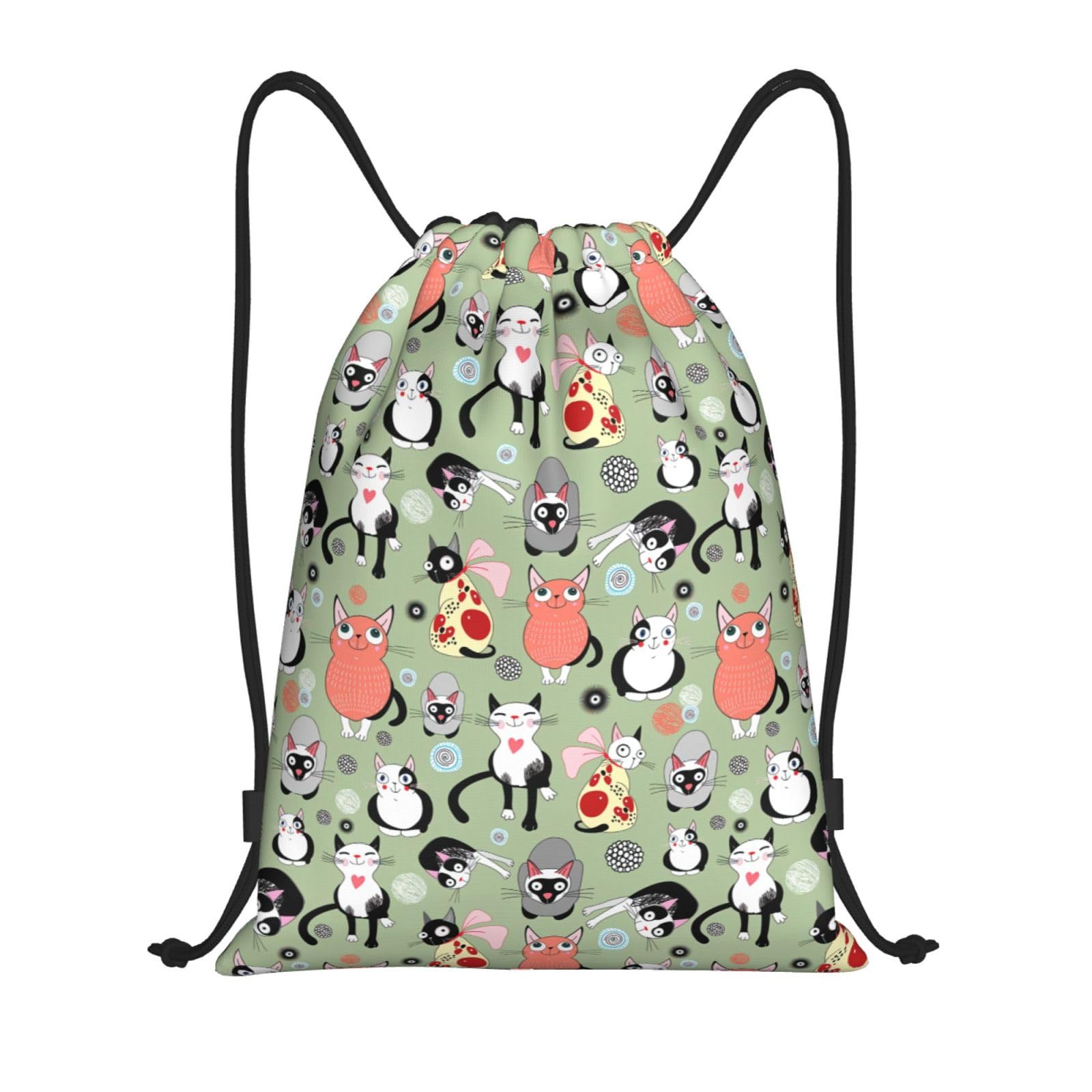 Wurton Unisex Black Lovely Cartoon Cats Print Drawstring Sport Bags Pull String Bag For All Occasions Gym Sack,Sports,Travelling, S