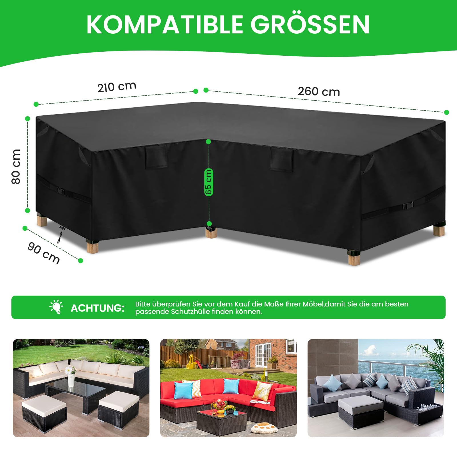Lounge Gartenmöbel Abdeckung L-Form, Schutzhülle Gartenlounge Abdeckhaube Loungemöbel L Form Wasserdicht Winddicht, Abdeckplane für Ecksofa Loungemöbel Outdoor (Noir, 210x260x90x80/65cm)