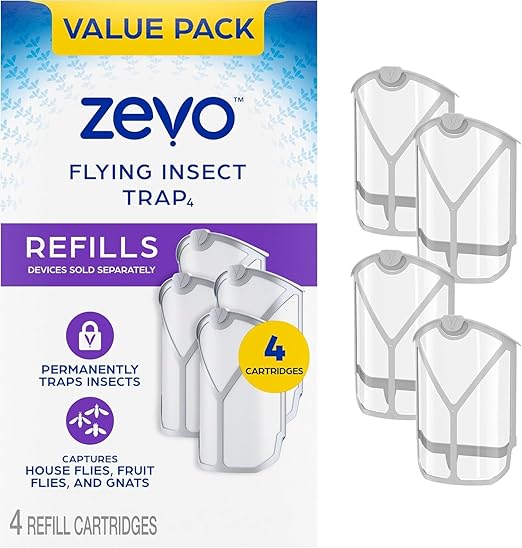 Zevo Flying Insect Trap Refill Cartridges, Fly Trap, Fruit Fly Trap (4 New Refill Cartridge)