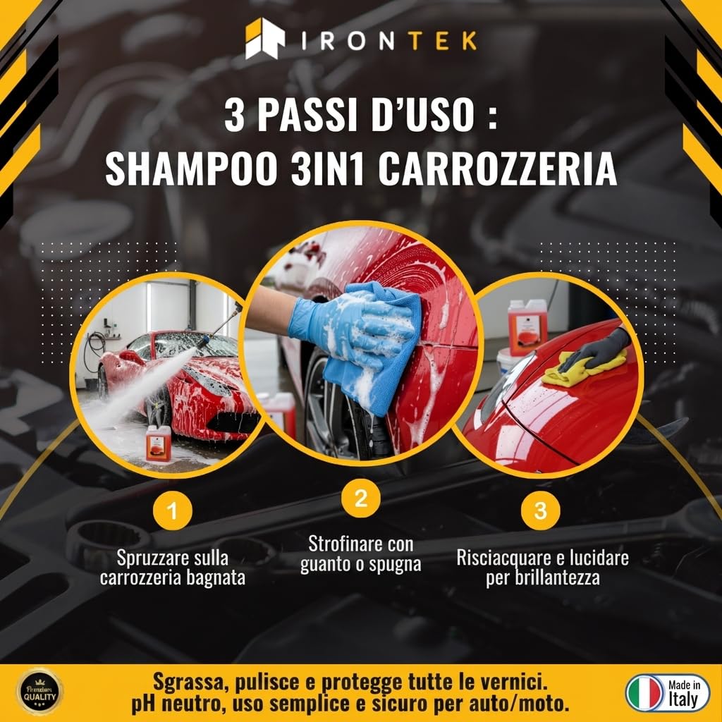 Shampoo Auto Carrozzeria 3 in 1 - IRONTEK - 1L | IT318 | Pulizia Sgrassante | Cera Protettiva Inclusa | pH Neutro Compatible Tutte le Vernici