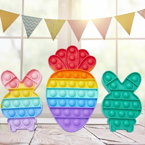 Paquete de 3 juguetes sensoriales para ansiedad de conejo de Pascua, zanahoria y burbujas, paquete de juguetes de rompecabezas, grandes regalos para