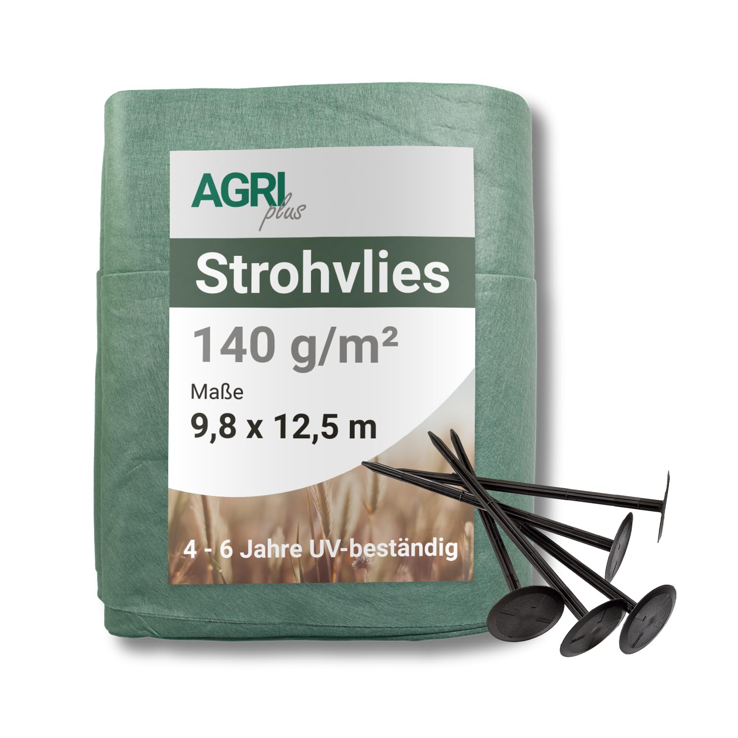AGRI Plus Tessuto Non Tessuto di Paglia 9,8 x 12,5 m, con 12 Chiodi in plastica, 140 g/m², Tessuto di Protezione in Polipropilene, Resistente alle intemperie e ai Raggi UV