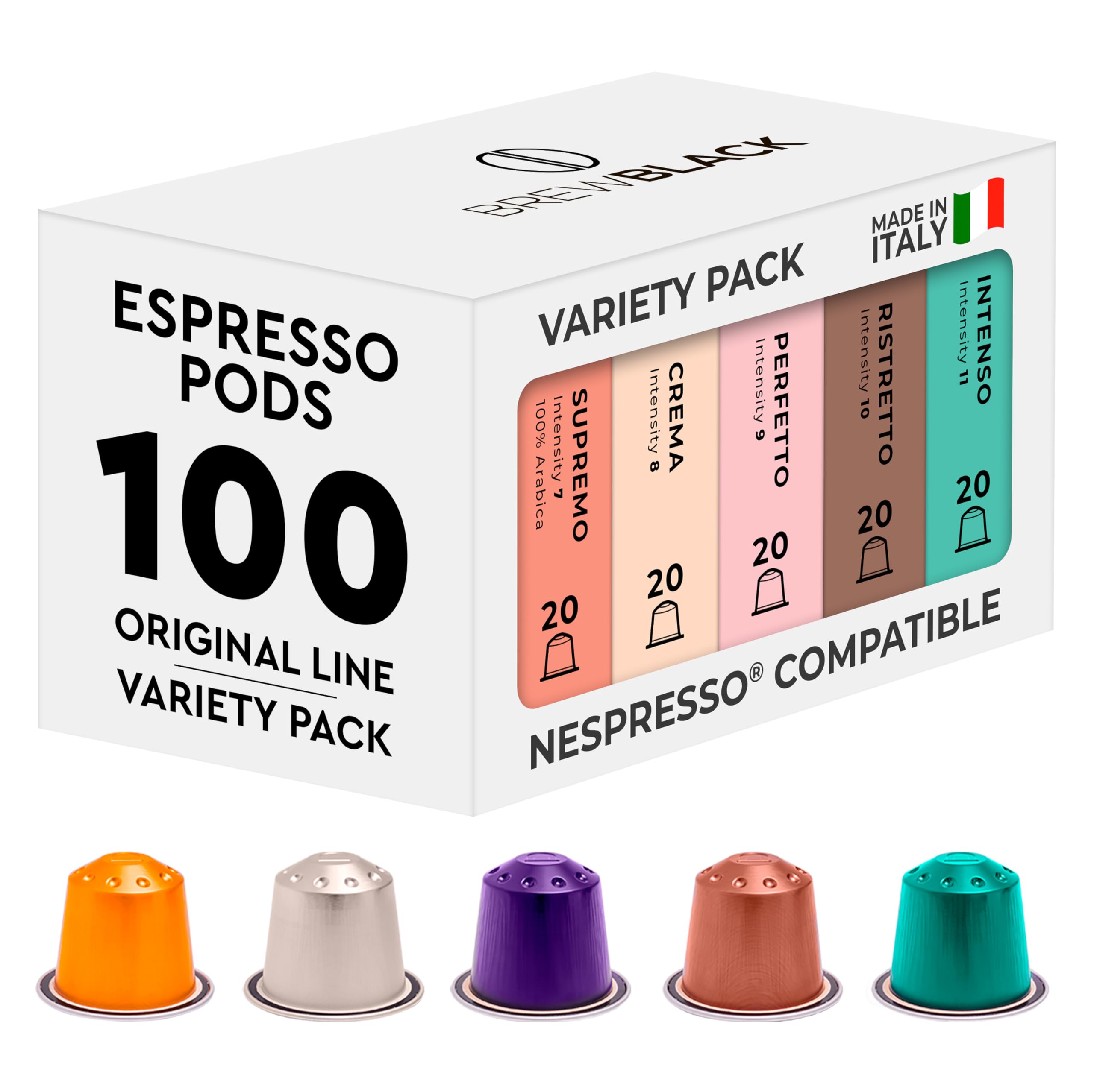 BrewBlack Variety Pack - 100 Aluminium Coffee Pods Compatible with Nespresso Original line - Medium & Dark Roast Coffee Capsules Made in Italy