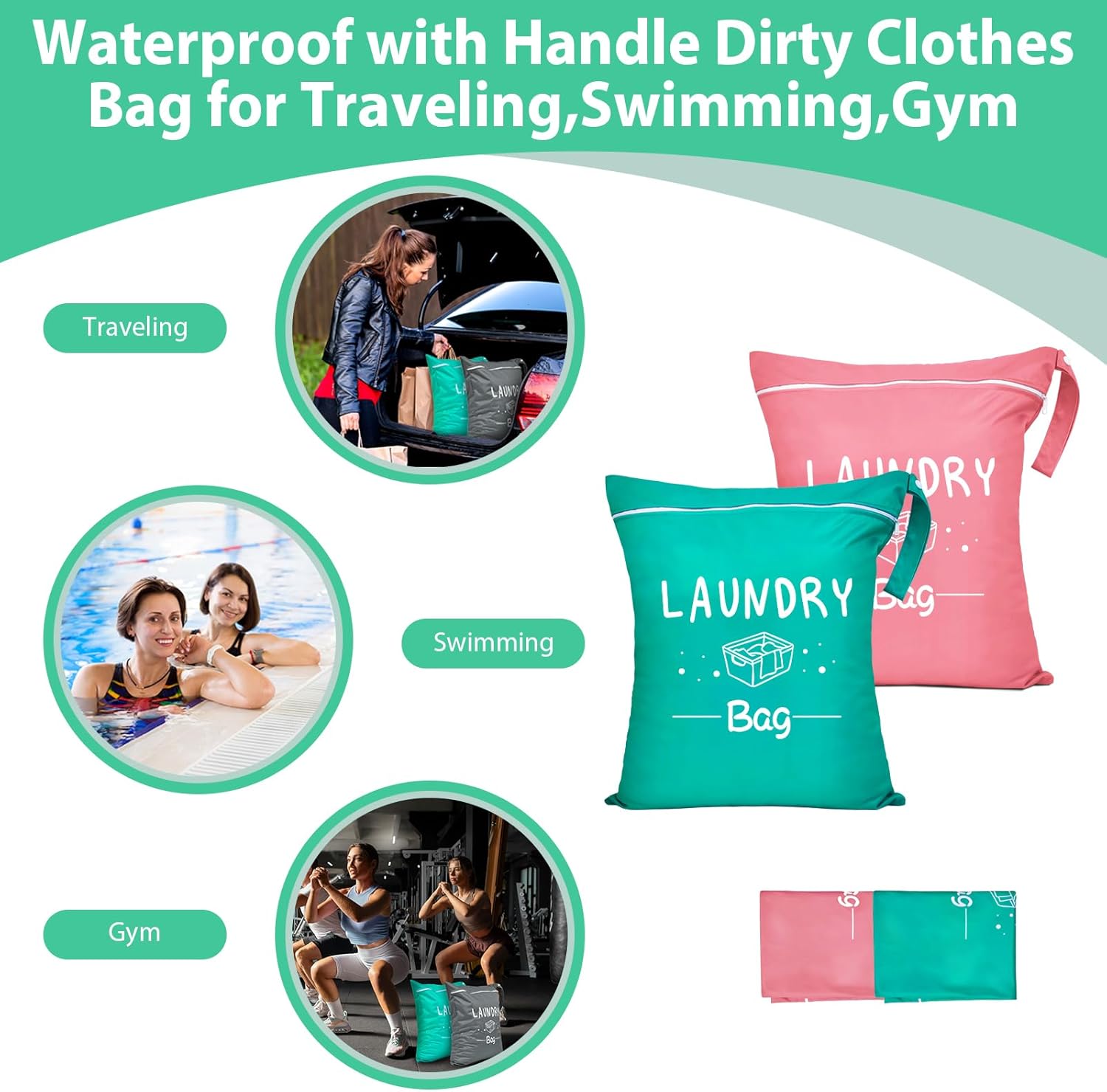 PASHOP Travel Laundry Bags, 2 Pack Waterproof Wet Dry Bags for Dirty Clothes Bags, Washable Camp Laundry Bag Sleepaway Suitable for Traveling