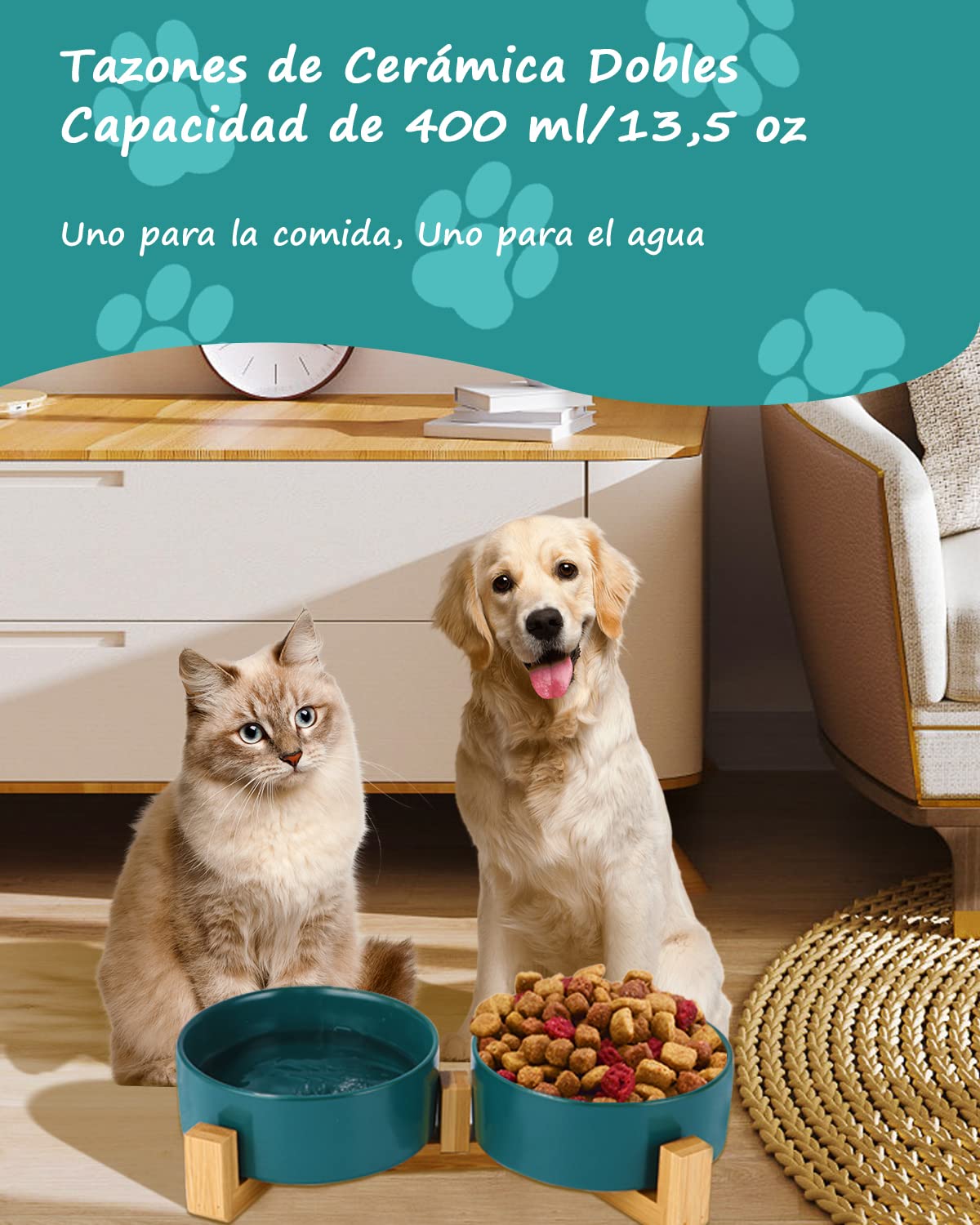 JOFLVA Ciotole Per Cani Ceramica,2 Pacchi 400ML Ciotole Per Gatti Con Base e Pad Antiscivolo Ciotola per Acqua e Cibo Adatto a cani di media e Piccola Taglia(verde)