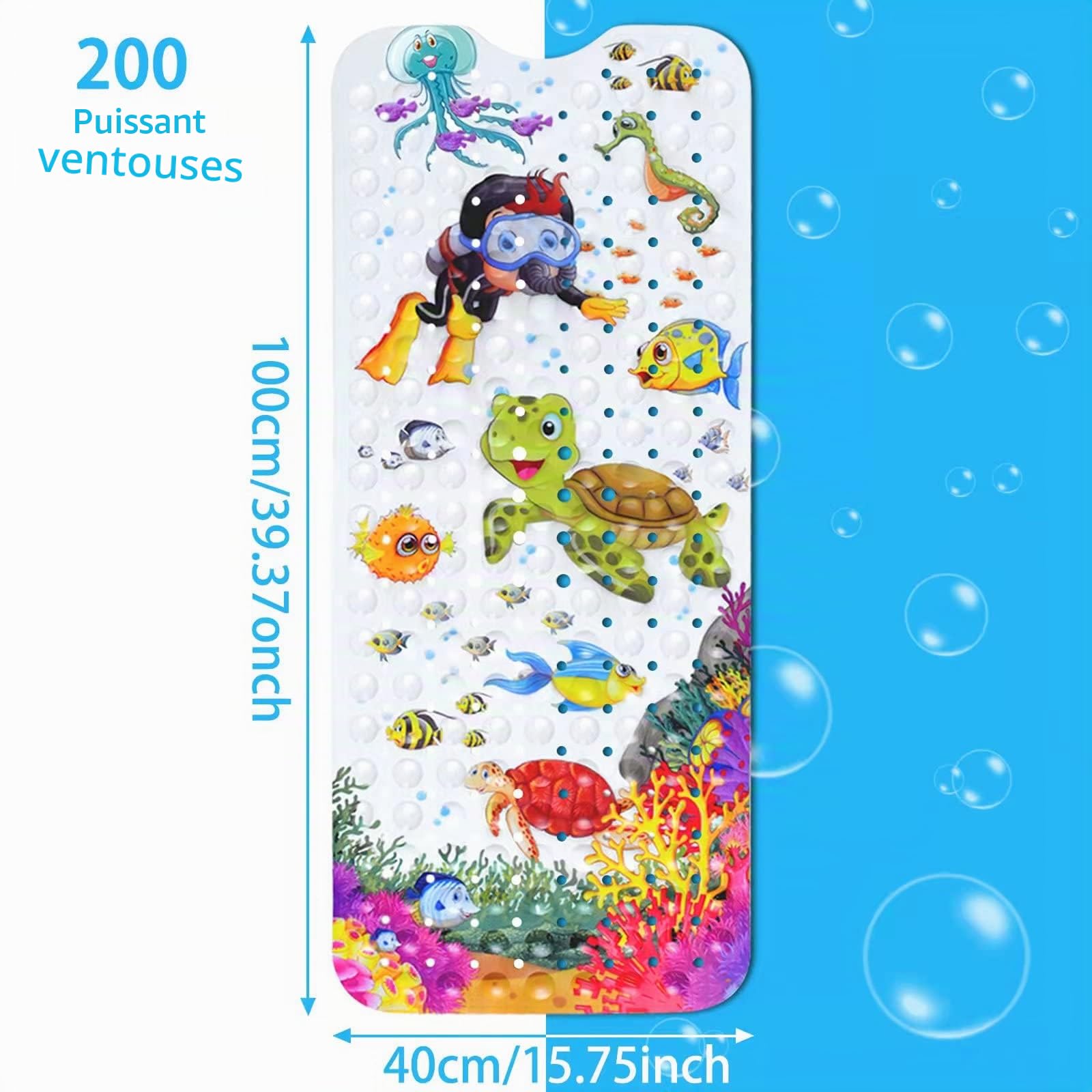 JOYBOY Tapis de Baignoire Antidérapant,100x 40cm Bebe de Dessin Animé, Anti Glisse avec 200 Ventouse Matériel de PVC, Parfait pour Enfants et Bébé