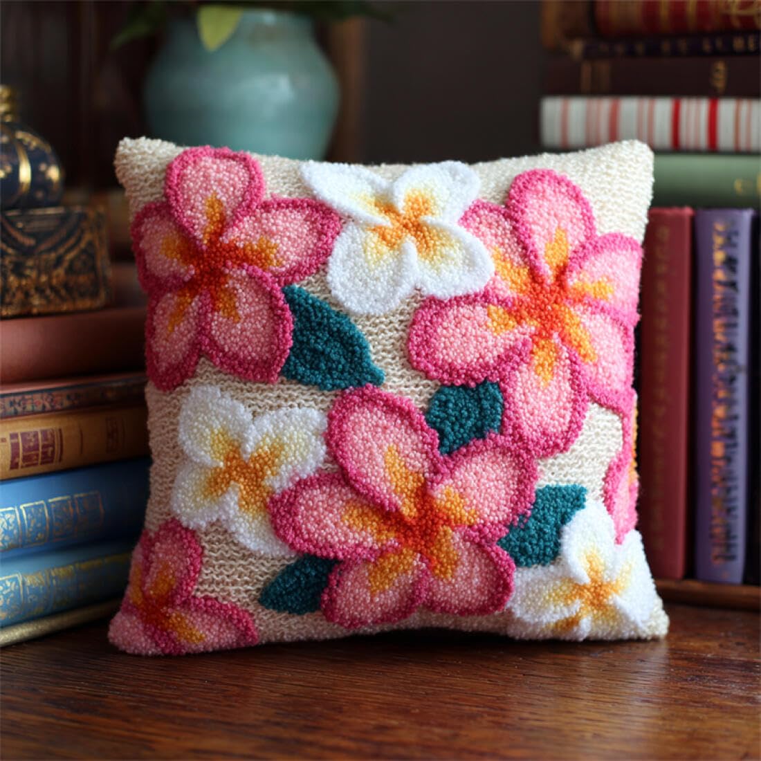 Kitquiver DIY Craft Latch Hook Rug Kits Colorful Frangipani DIY Tapestry Throw Pillow Cover Needlepoint Cushion Kits for Home Décor Needlework Kit for Beginners 17x17In