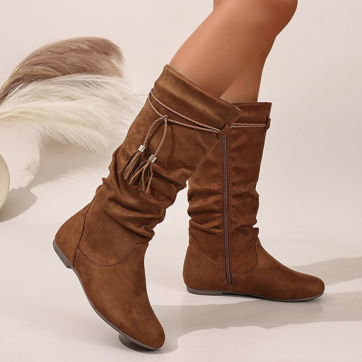 Bottes Mi-Mollet Femme en Suédine, Franges Bohèmes, Bout Rond, Talon Plat